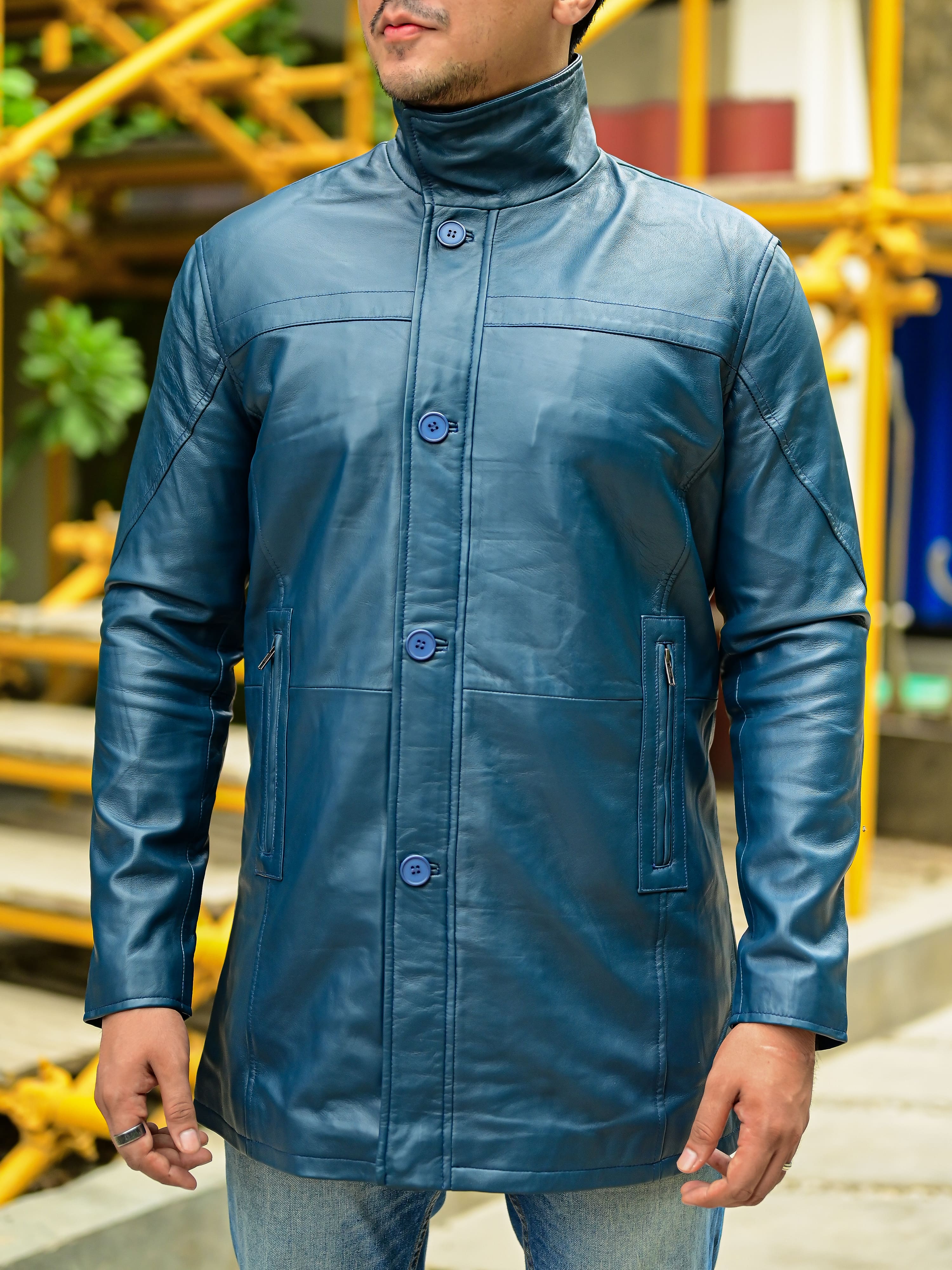 Jild 3/4 Length Blue Trench Leather Car Coats for Men